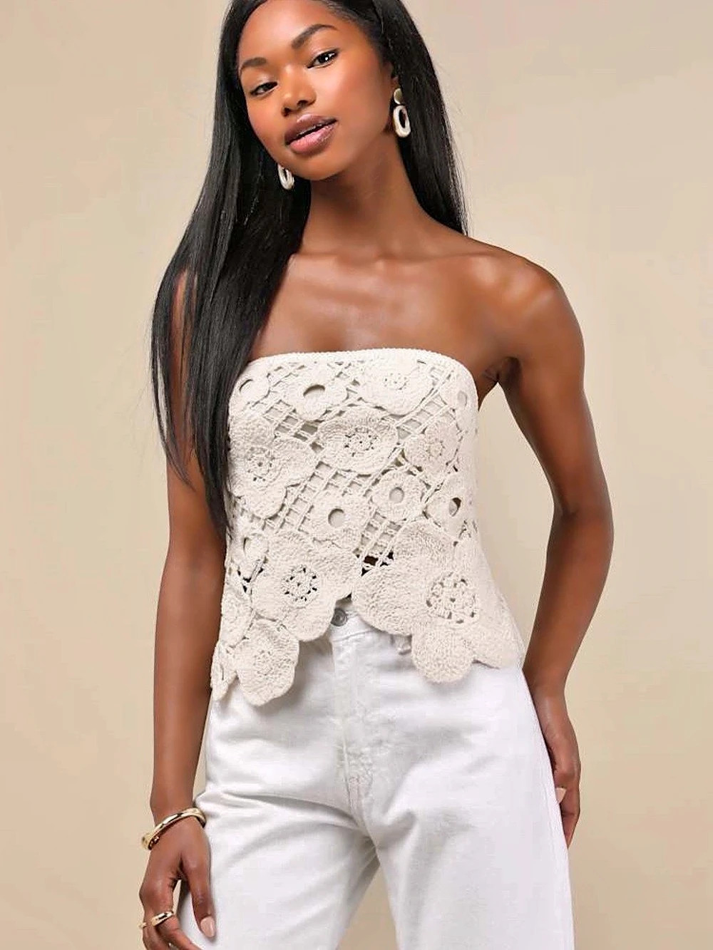 Lulus Envied Attitude Beige Crochet Strapless Crop Top Cream Medium Like New